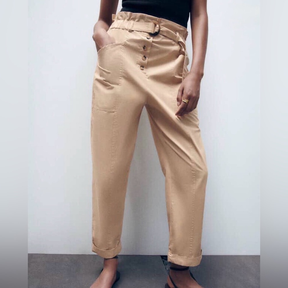 Zara Tan Paper-Bag  Elastic-Waist Pants, Size M
